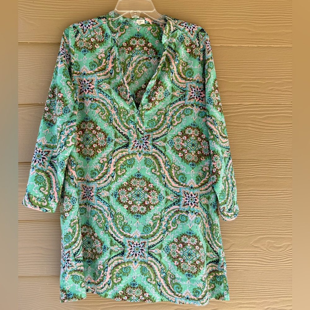 J Crew Tunic Mini Dress Green Paisley Beach Cover… - image 2